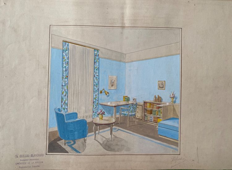 Satz von fünf Innenarchitekturprojekten. Gouache. Th. Guillou-Blanchard. Anfang des 20. Jahrhunderts.