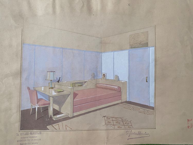 Satz von fünf Innenarchitekturprojekten. Gouache. Th. Guillou-Blanchard. Anfang des 20. Jahrhunderts.