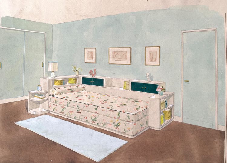 Satz von fünf Innenarchitekturprojekten. Gouache. Th. Guillou-Blanchard. Anfang des 20. Jahrhunderts.