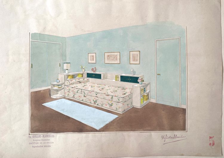 Satz von fünf Innenarchitekturprojekten. Gouache. Th. Guillou-Blanchard. Anfang des 20. Jahrhunderts.