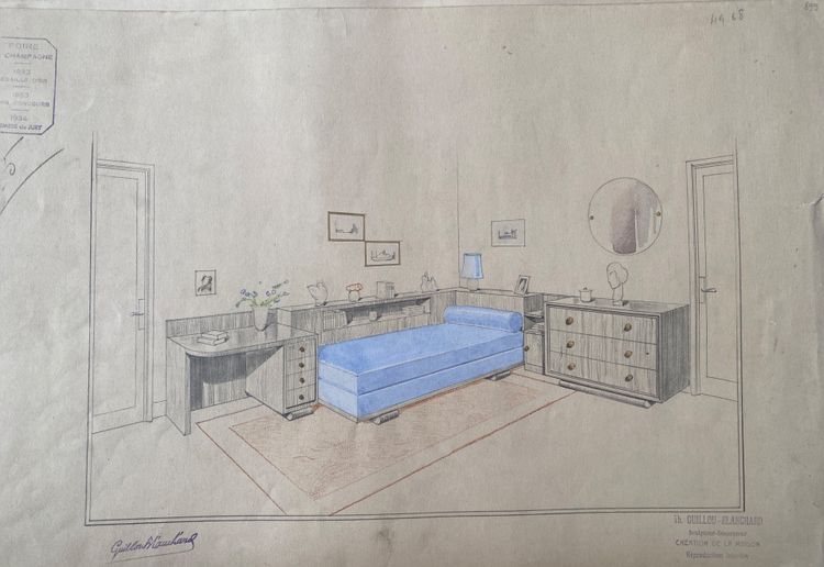 Satz von fünf Innenarchitekturprojekten. Gouache. Th. Guillou-Blanchard. Anfang des 20. Jahrhunderts.
