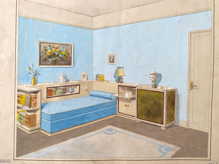Satz von fünf Innenarchitekturprojekten. Gouache. Th. Guillou-Blanchard. Anfang des 20. Jahrhunderts.