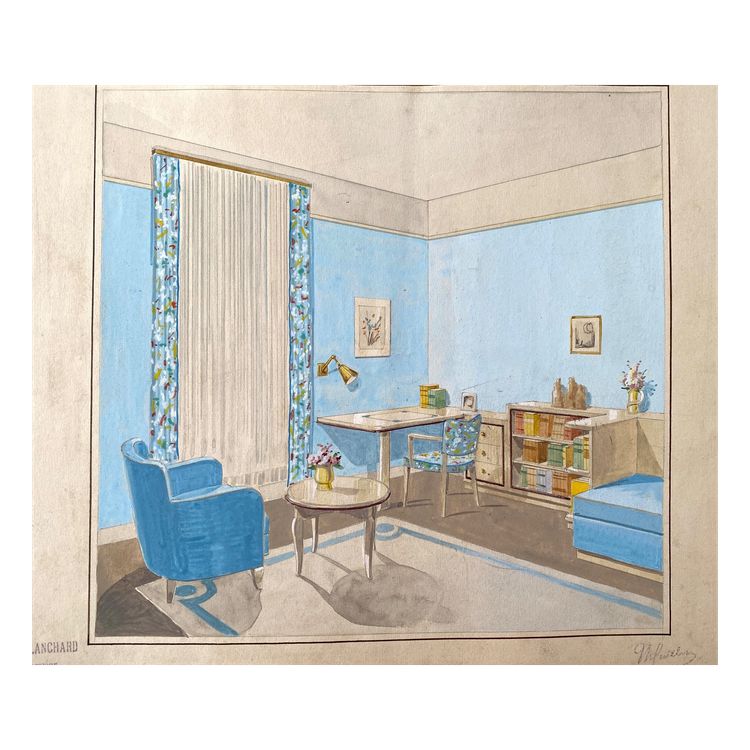 Satz von fünf Innenarchitekturprojekten. Gouache. Th. Guillou-Blanchard. Anfang des 20. Jahrhunderts.