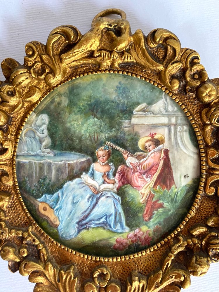 Paar Miniaturen im Louis XV-Stil. Anfang des 20. Jahrhunderts. Vergoldete Bronzerahmen.