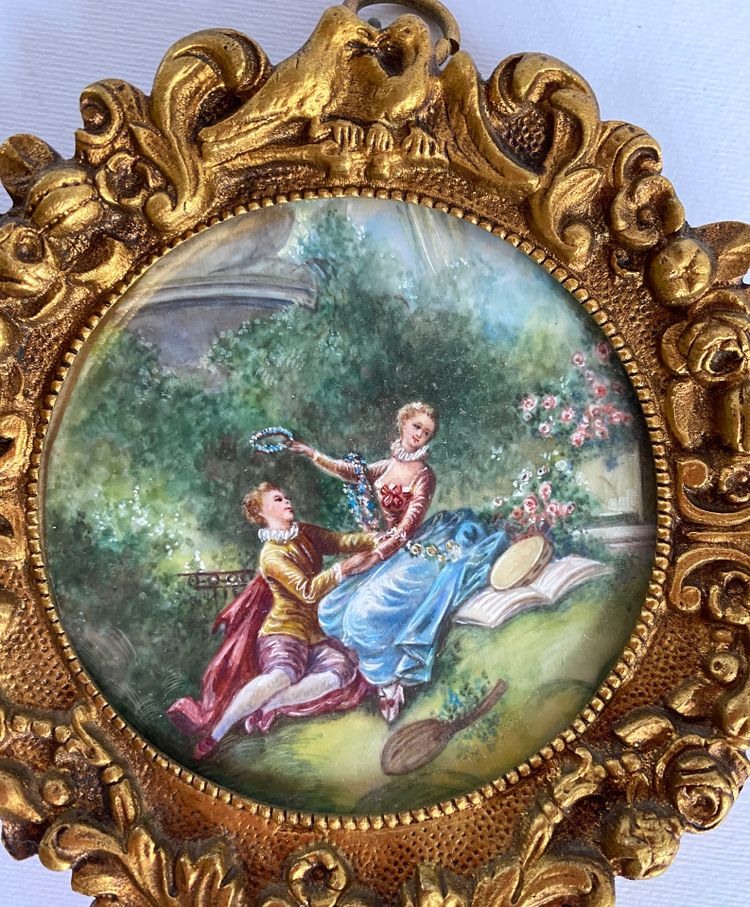 Paar Miniaturen im Louis XV-Stil. Anfang des 20. Jahrhunderts. Vergoldete Bronzerahmen.