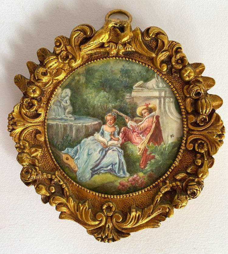 Paar Miniaturen im Louis XV-Stil. Anfang des 20. Jahrhunderts. Vergoldete Bronzerahmen.