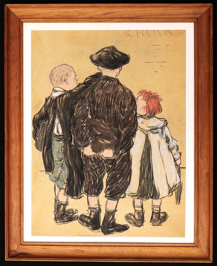 SCUOLA FRANCESE circa 1900, Tre bambini visti da dietro (progetto pubblicitario per un cioccolatino)