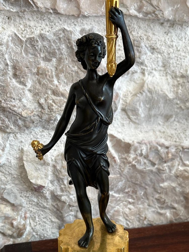Paire de candélabres en bronze patiné et bronze doré, début du XIXème siècle.