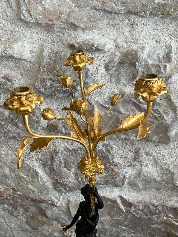Paire de candélabres en bronze patiné et bronze doré, début du XIXème siècle.