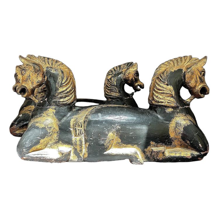Italy, mid-20th century, pair of ornamental horses in black and gold lacquer.