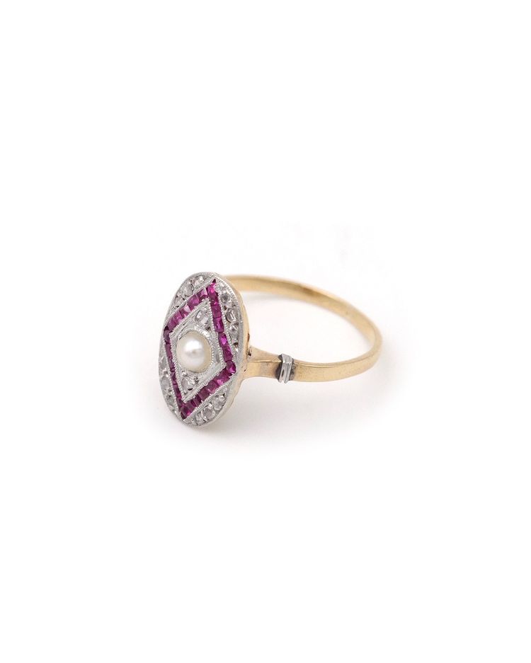 Anello Art Déco con perla, rubino e diamante in oro 18k e platino, anello con rubino, diamante e perla coltivata