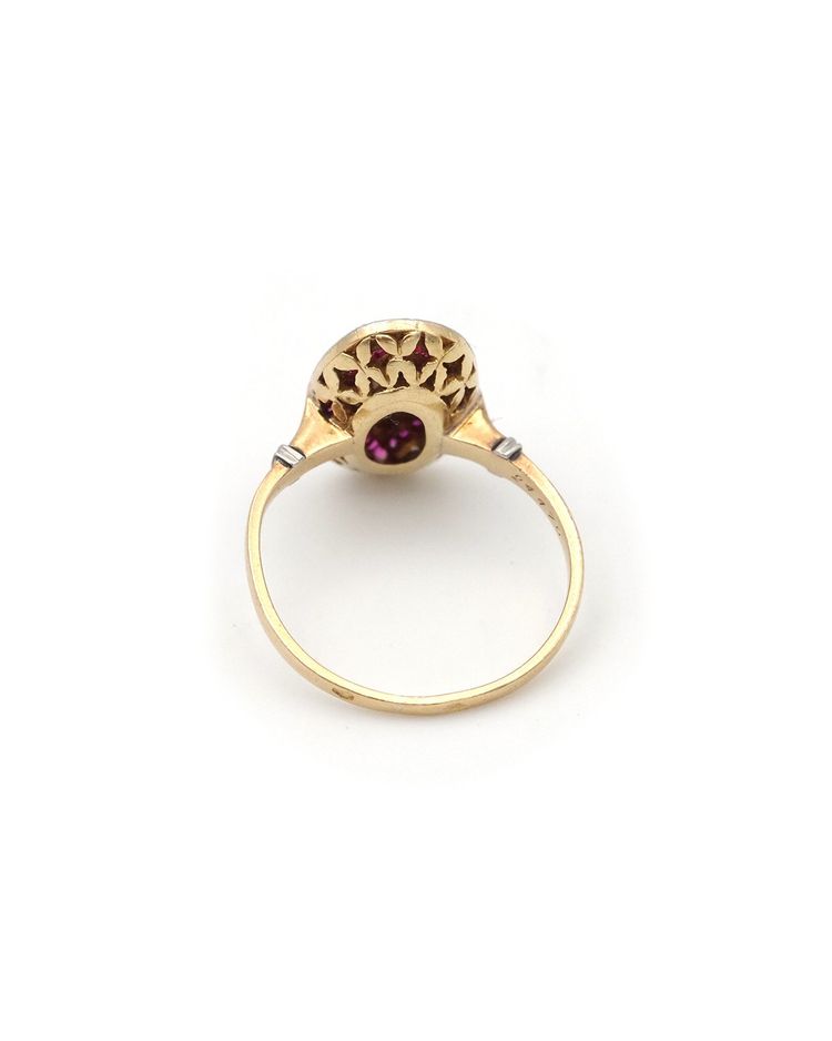 Anello Art Déco con perla, rubino e diamante in oro 18k e platino, anello con rubino, diamante e perla coltivata