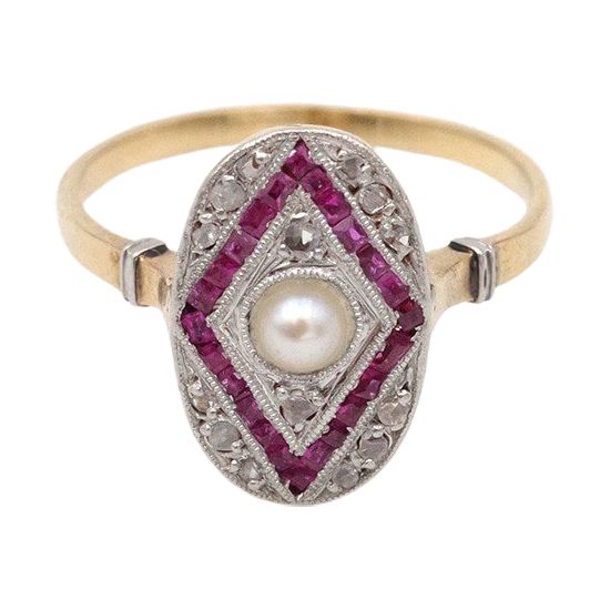 Anello Art Déco con perla, rubino e diamante in oro 18k e platino, anello con rubino, diamante e perla coltivata