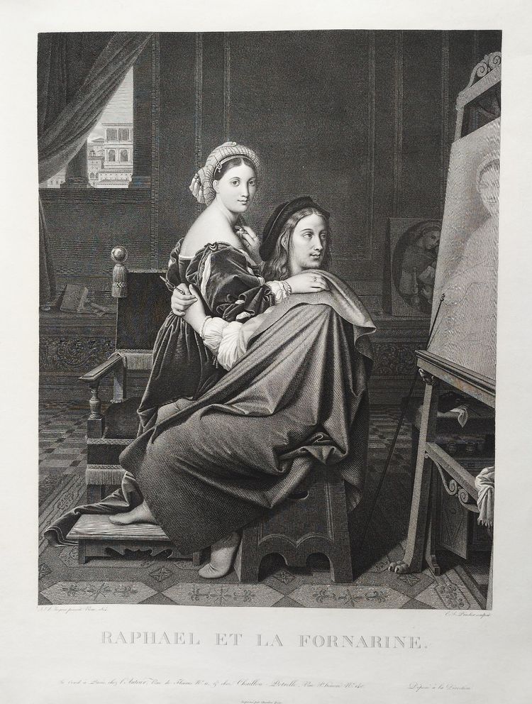 Incisione di Raffaello e La Fornarine da Ingres, XIX secolo