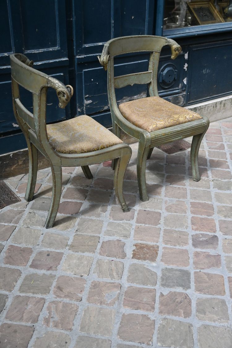 Pair of chairs decorated with ram's heads in plated metal, INDIA