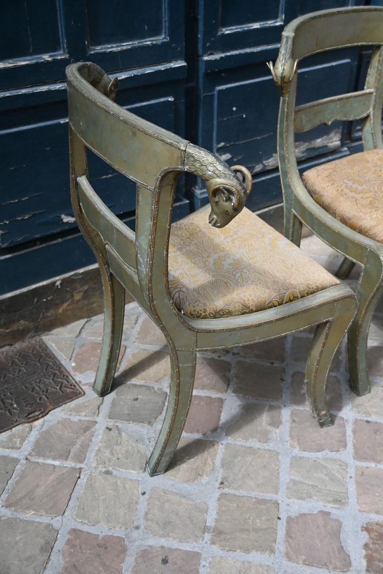 Pair of chairs decorated with ram's heads in plated metal, INDIA