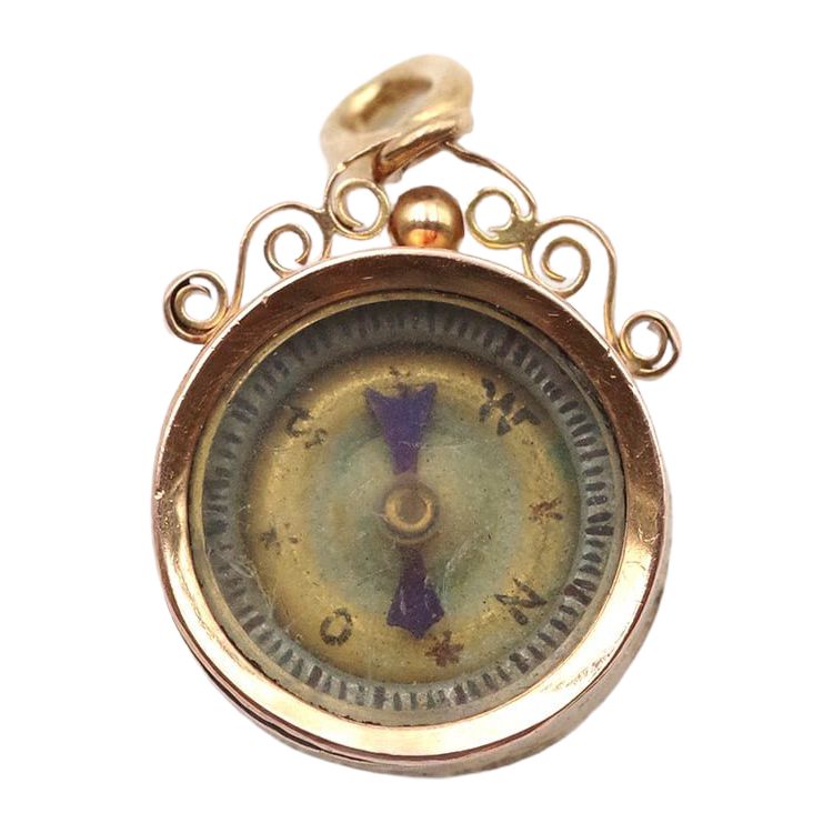 Pendentif boussole et cristal d'Essexchien en or 18k, pendentif ancien, bijou marin, bijou ancien 