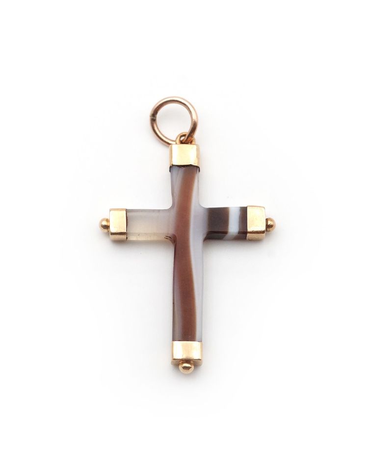 Ciondolo antico a croce in agata in oro 18k, croce religiosa nera e marrone, gioielli antichi, Napoleone