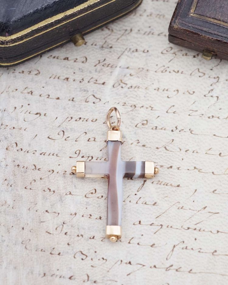 Ciondolo antico a croce in agata in oro 18k, croce religiosa nera e marrone, gioielli antichi, Napoleone