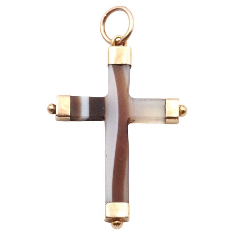 Ciondolo antico a croce in agata in oro 18k, croce religiosa nera e marrone, gioielli antichi, Napoleone