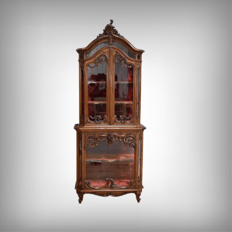 Vitrine Liégeoise deux-corps en Noyer, Style Rocaille, Belgique – Fin XIXe