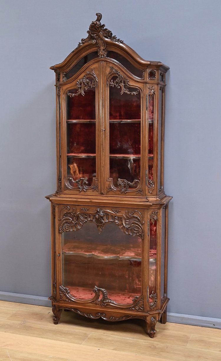 Vitrine Liégeoise deux-corps en Noyer, Style Rocaille, Belgique – Fin XIXe