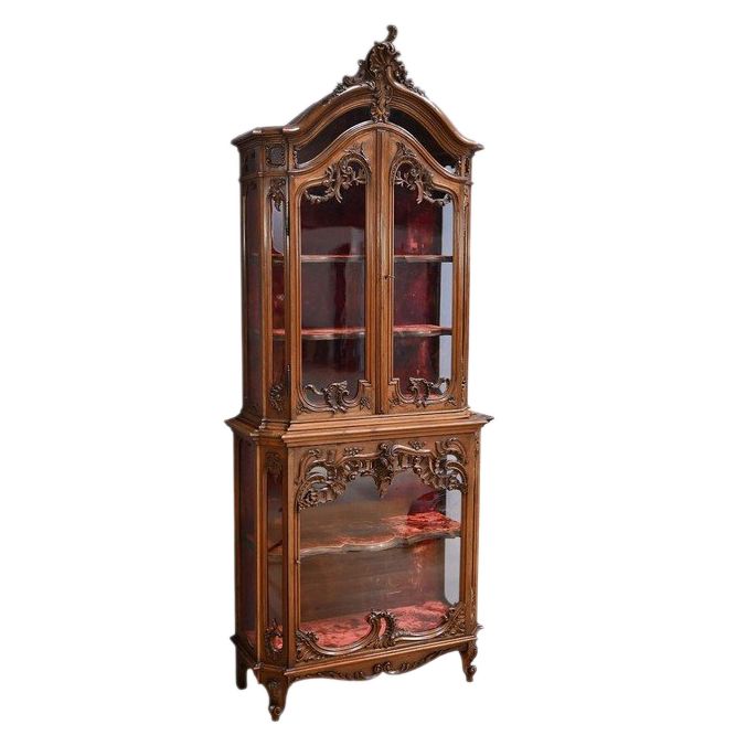 Vitrine Liégeoise deux-corps en Noyer, Style Rocaille, Belgique – Fin XIXe