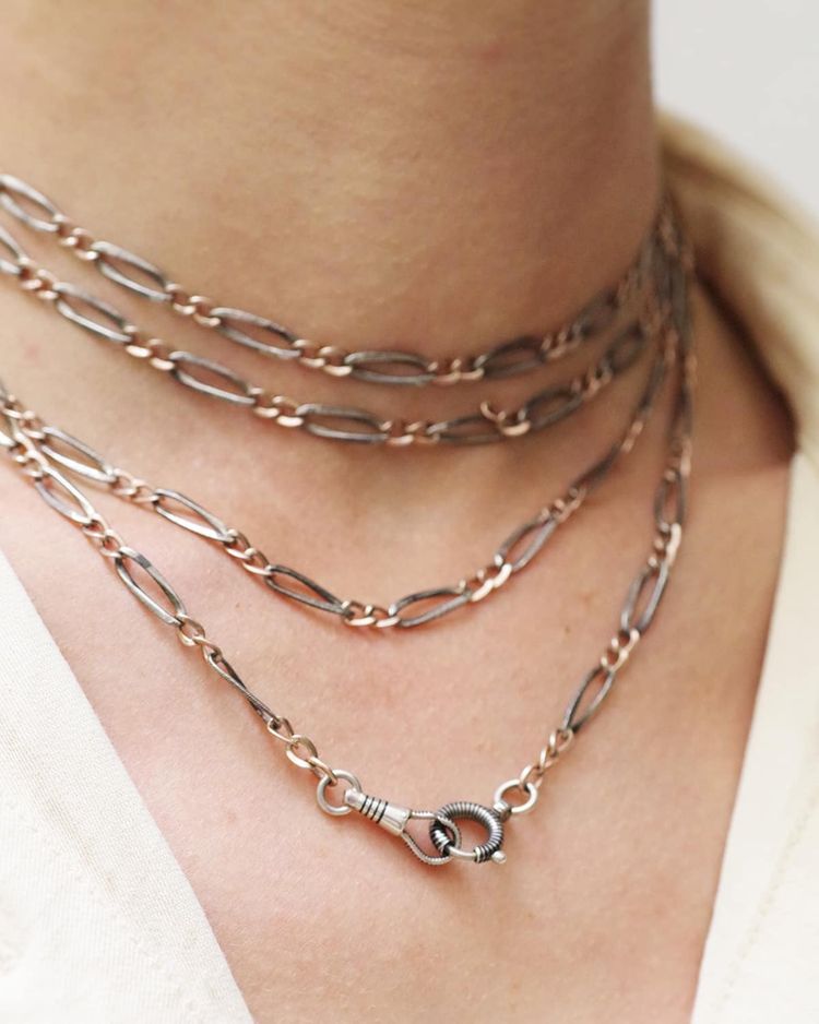 Long Victorian niello silver and vermeil chain with two clasps, watch chain, long chain