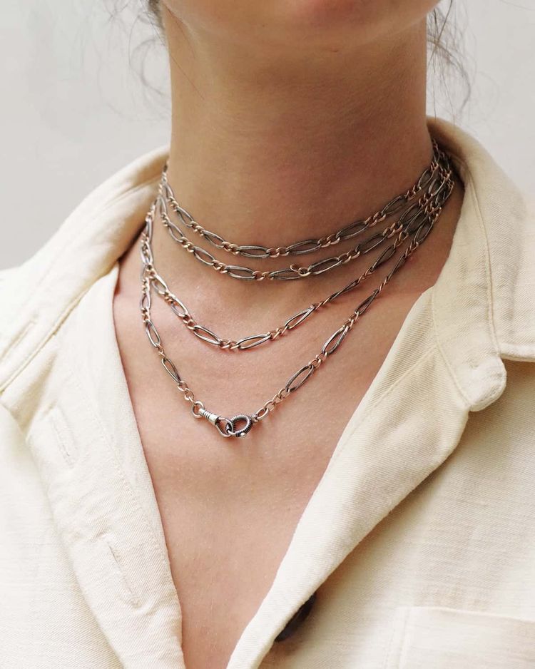 Long Victorian niello silver and vermeil chain with two clasps, watch chain, long chain