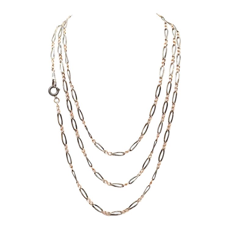 Long Victorian niello silver and vermeil chain with two clasps, watch chain, long chain
