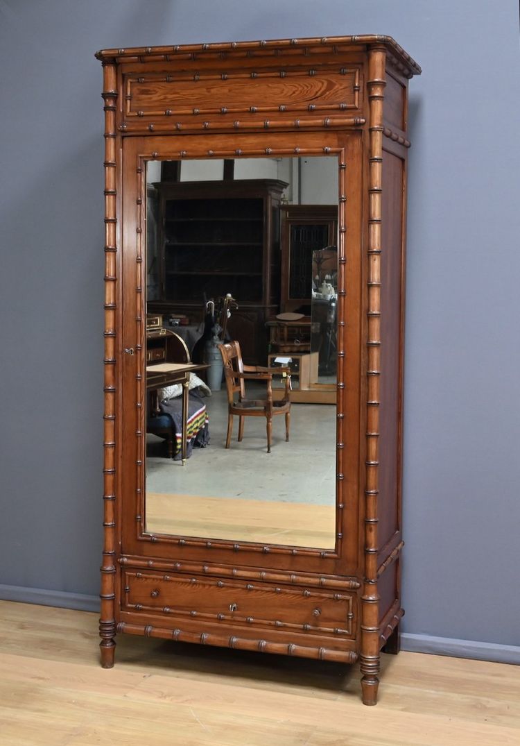 Bamboo-style Pitchpin Mirror Cabinet, Art Nouveau – Early 20th Century