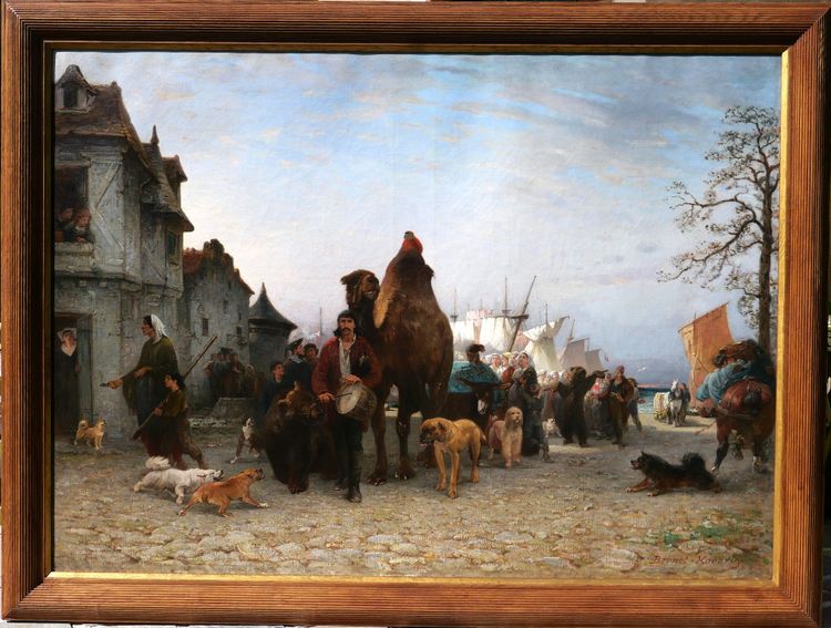 P.-A. Brunet-Houard 1827-1922 Zingari sbarcano con i loro animali in Bretagna, dipinto Salon 1873