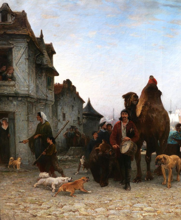 P.-A. Brunet-Houard 1827-1922 Zingari sbarcano con i loro animali in Bretagna, dipinto Salon 1873