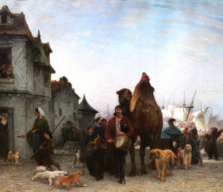 P.-A. Brunet-Houard 1827-1922 Zingari sbarcano con i loro animali in Bretagna, dipinto Salon 1873