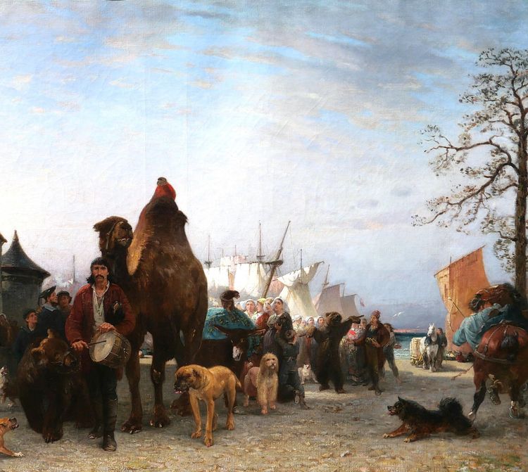 P.-A. Brunet-Houard 1827-1922 Zingari sbarcano con i loro animali in Bretagna, dipinto Salon 1873