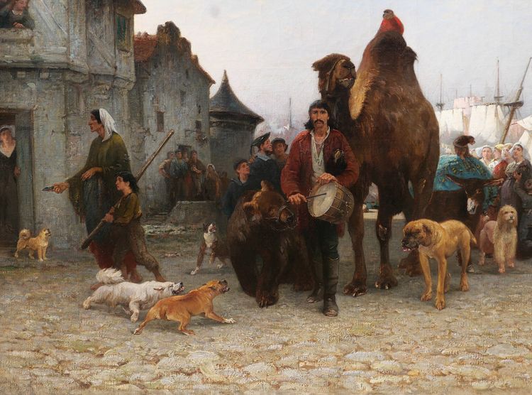 P.-A. Brunet-Houard 1827-1922 Zingari sbarcano con i loro animali in Bretagna, dipinto Salon 1873