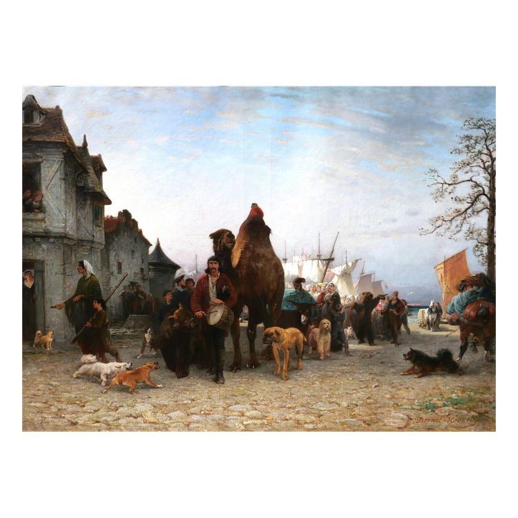 P.-A. Brunet-Houard 1827-1922 Zingari sbarcano con i loro animali in Bretagna, dipinto Salon 1873