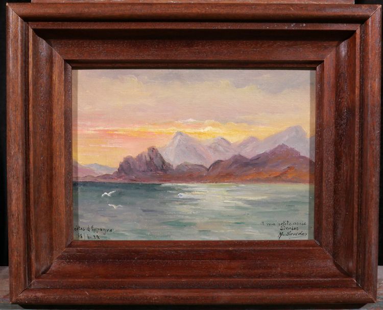 M. Savidan 19-20e Paysage des côtes d'Espagne, effet du soir, 1922 tableau mer marine paysage
