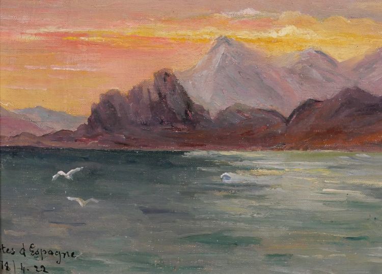 M. Savidan 19-20e Paysage des côtes d'Espagne, effet du soir, 1922 tableau mer marine paysage