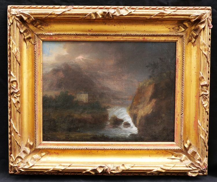 Scuola FRANCESE dei primi del XIX secolo, Paesaggio montano romantico con cascata