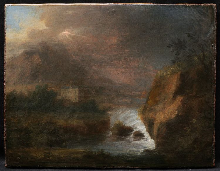Scuola FRANCESE dei primi del XIX secolo, Paesaggio montano romantico con cascata