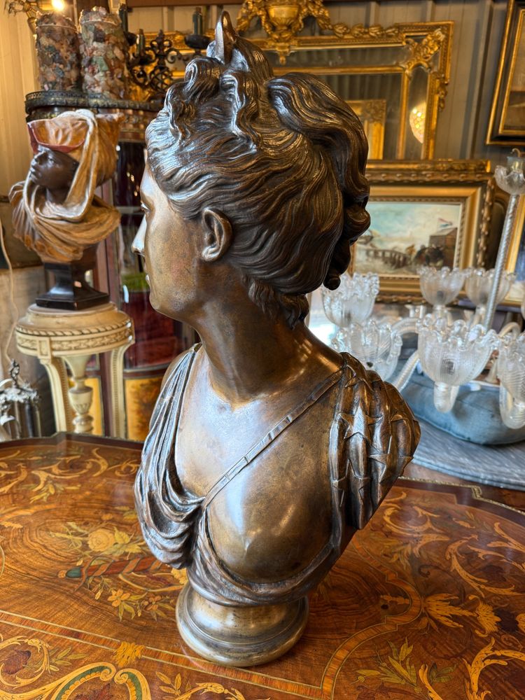 Grande busto in bronzo con patina marrone, XIX secolo, Diana cacciatrice