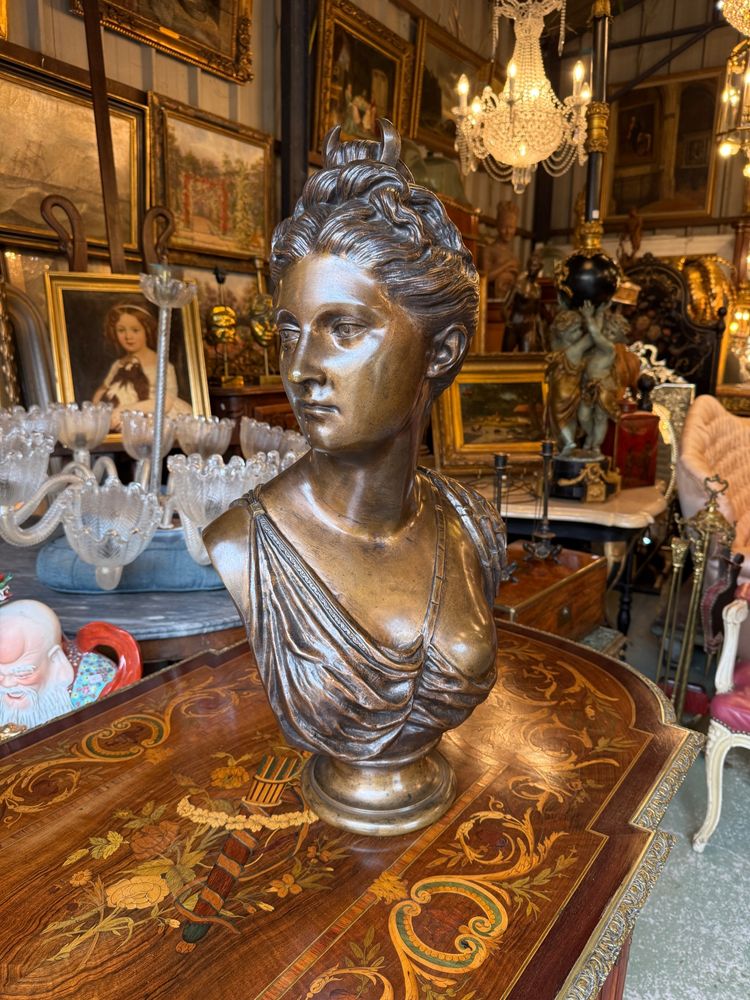 Grande busto in bronzo con patina marrone, XIX secolo, Diana cacciatrice