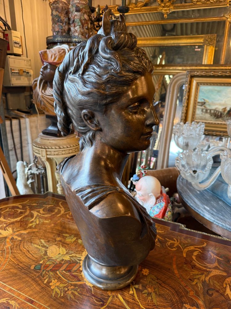 Grande busto in bronzo con patina marrone, XIX secolo, Diana cacciatrice