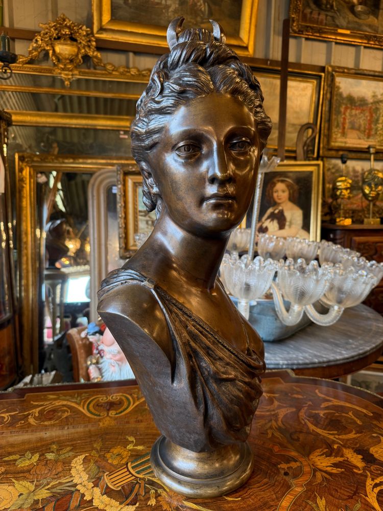 Grande busto in bronzo con patina marrone, XIX secolo, Diana cacciatrice