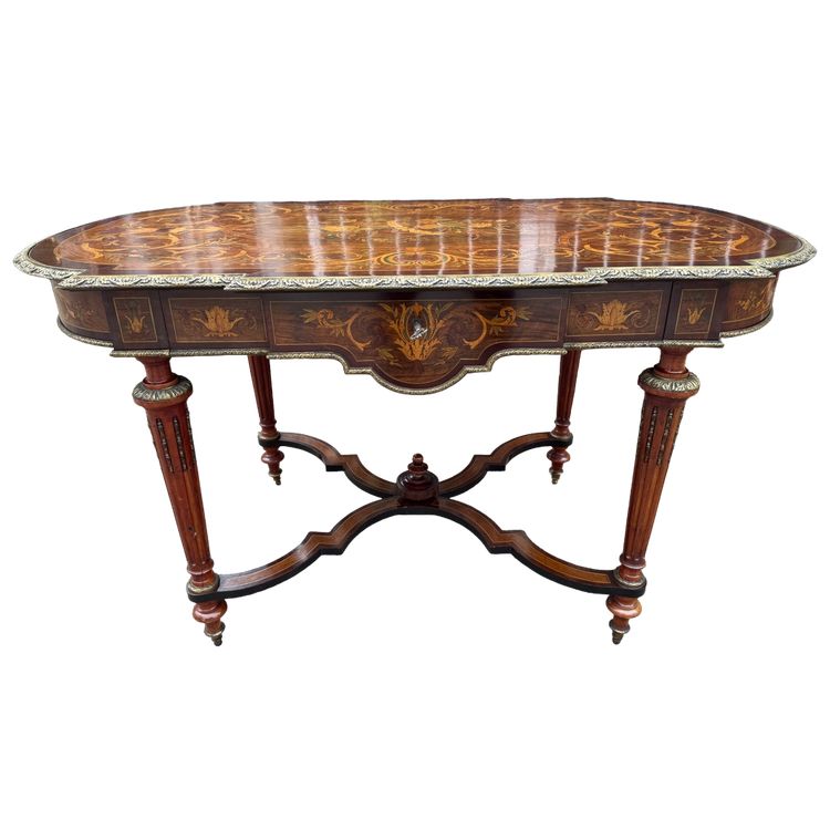 Louis XVI style pedestal table / center table, Napoleon III period in marquetry