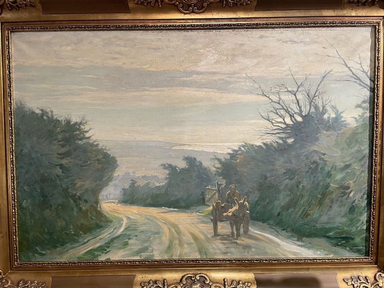 Oil on canvas depicting a tree-lined and lively path