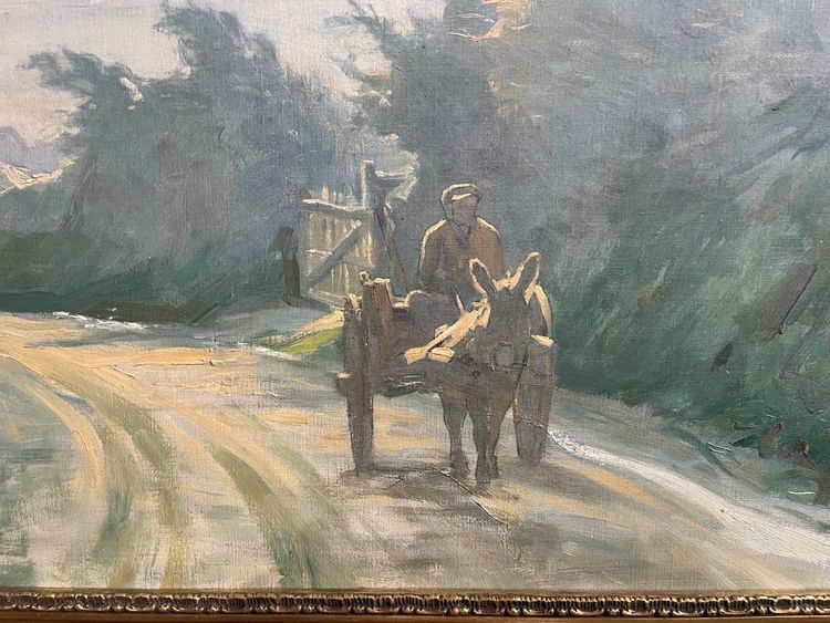 Oil on canvas depicting a tree-lined and lively path