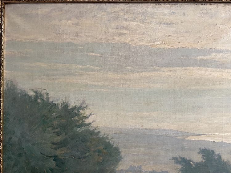 Oil on canvas depicting a tree-lined and lively path