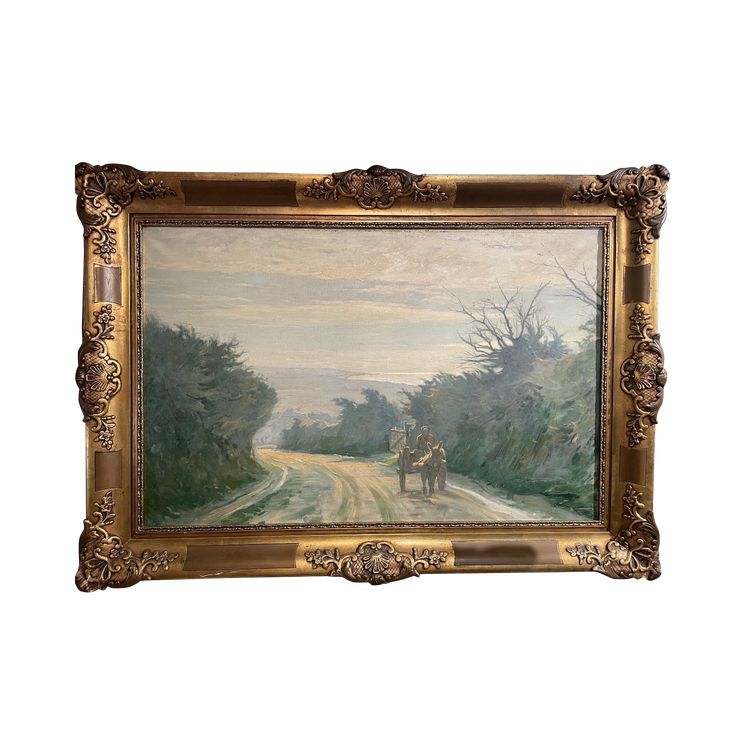 Oil on canvas depicting a tree-lined and lively path